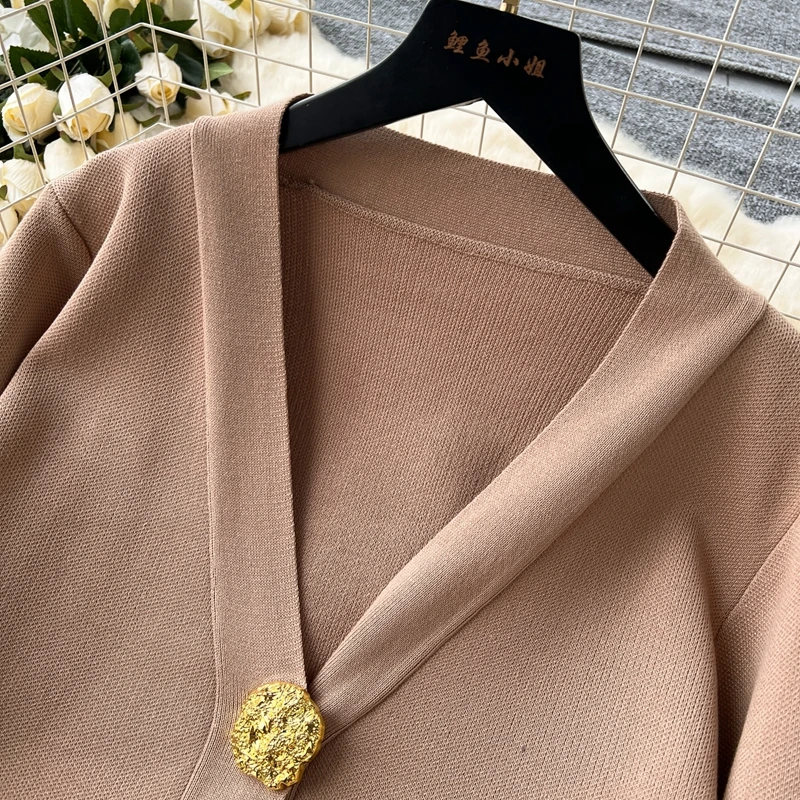 Advanced Style Two-piece Set Women's Autumn and Winter Versatile Metal Button Knitted Cardigan Jacket Sweater Casual Pants