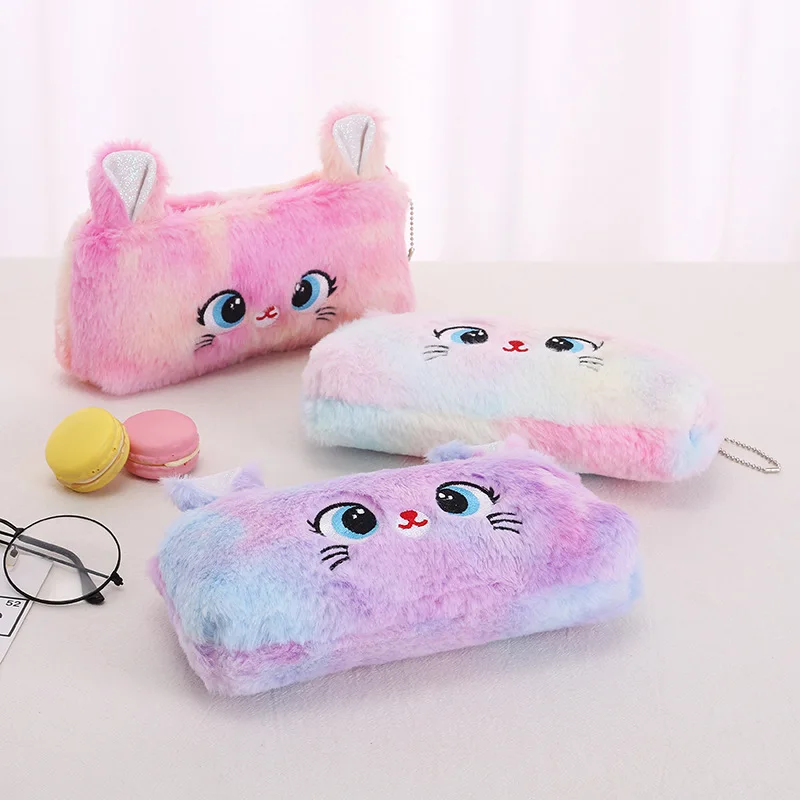 Kawaii Cartoon Schattige Kat Pluche Zakje Etui Rits Pluizige Grote Capaciteit Pen Tas School Briefpapier Cosmetica Opbergtas