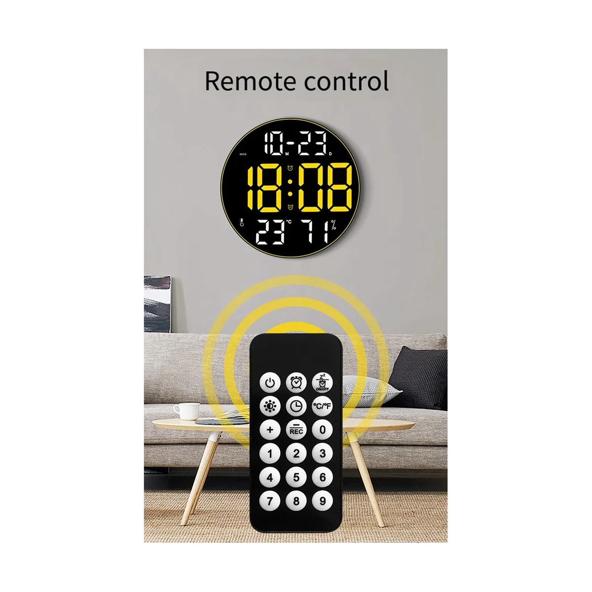 Ambient Light 12 Inch Big Screen Multifunction Clock Simple Living Room Wall Clock Led Wall Clock,Yellow