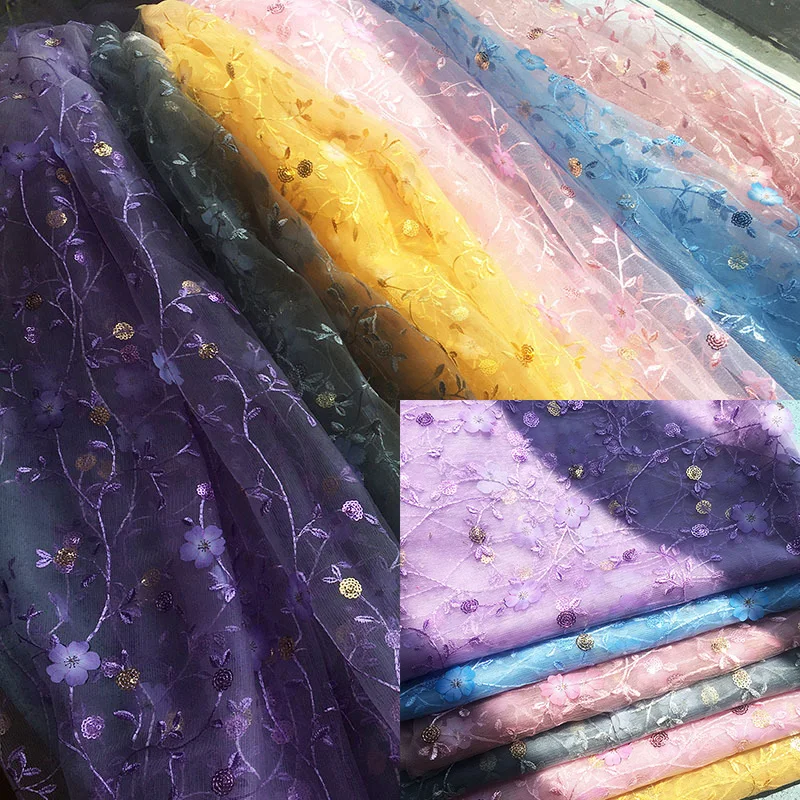 Boutique 3MM Sequins Plus Chiffon Flower Pieces Mesh Popping Beads Three-dimensional Handmade Flower Embroidery Fabrics