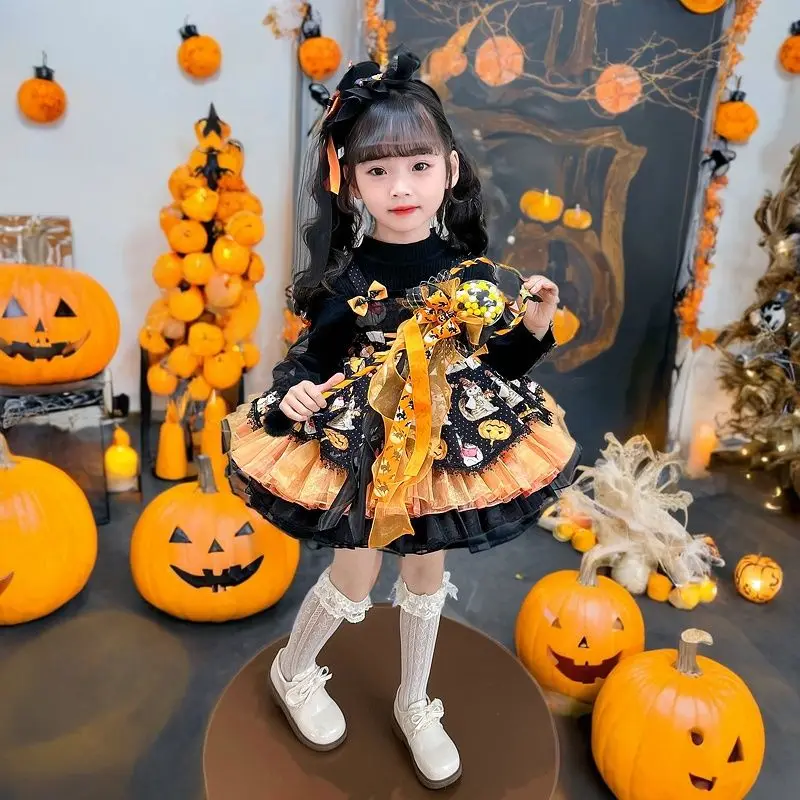 Cute cartoon kawaii Children's Halloween Princess Dress Girls' Fluffy Dress Christmas Performance Birthday Gift