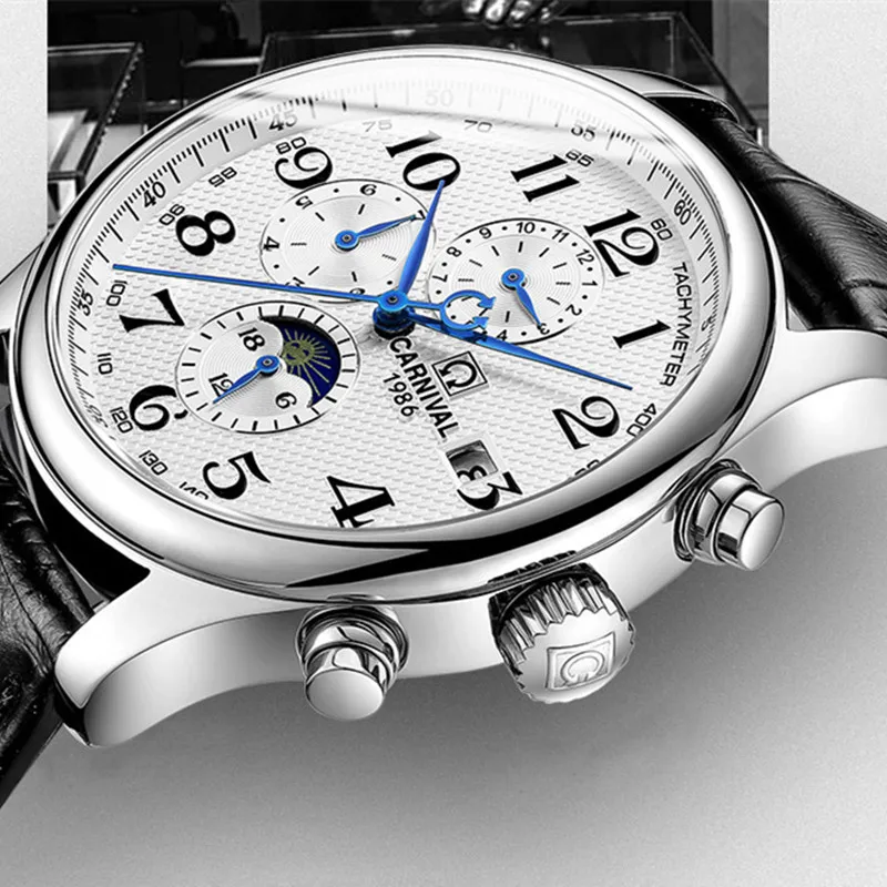 Carnival Brand Automatic Watch Fashion Luxury Waterproof Calendar Moon Phase Mechanical Wristwatches for Man Clock Reloj Hombre