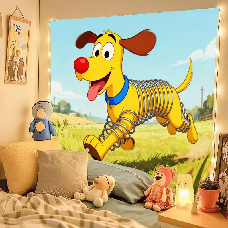 1PC Playful Spring Dog Cartoon Tapestry, Vibrant Polyester Wall Art Kids/Bedroom/Living Room Decor, Funny Dog Lover Gift