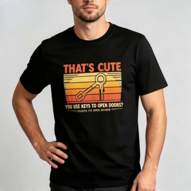 Men Crew Neck Modal Short Sleeve T‑Shirt, Funny Locksmith Slogan Graphic Tee Retro Sunset Tool Print Casual Streetwear Top