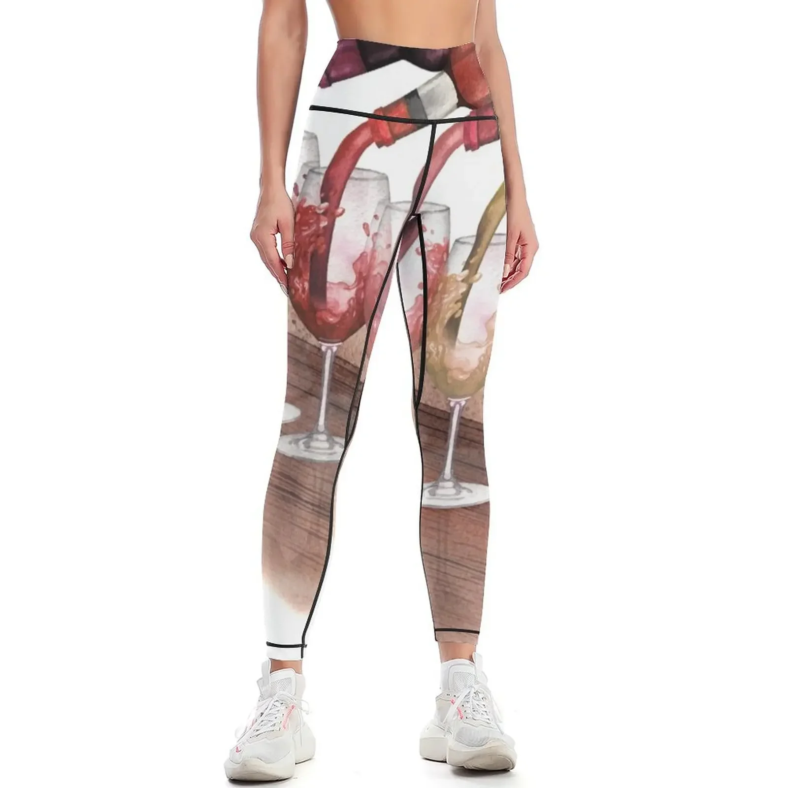 Watercolor red, white and rose wines pouring from bottles into glasses standing on a wooden table Leggings