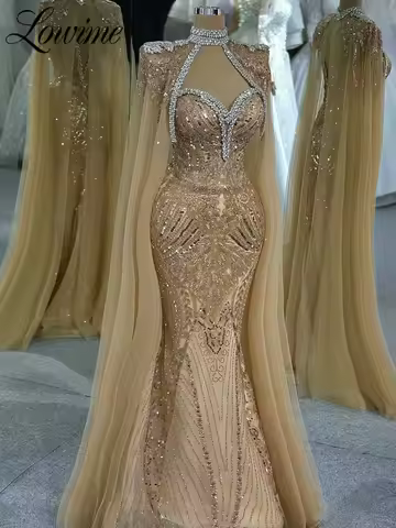 Amazing Crystals Sequined Arabic Women Evening Dresses Cape Sleeve Customized Long Prom Dress Dubai Engagement Party Dress 2026