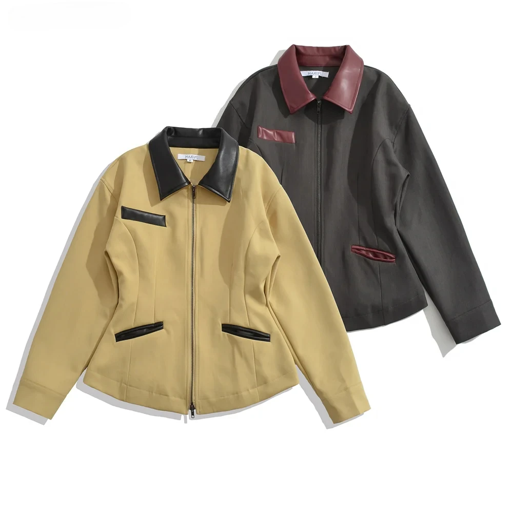 

2 colors 2025 Autumn Women Khaki Spliced Faux Leather Lapel Safari Slim Waist Coat Front Pockets Open Zipper Jacket Outerwear