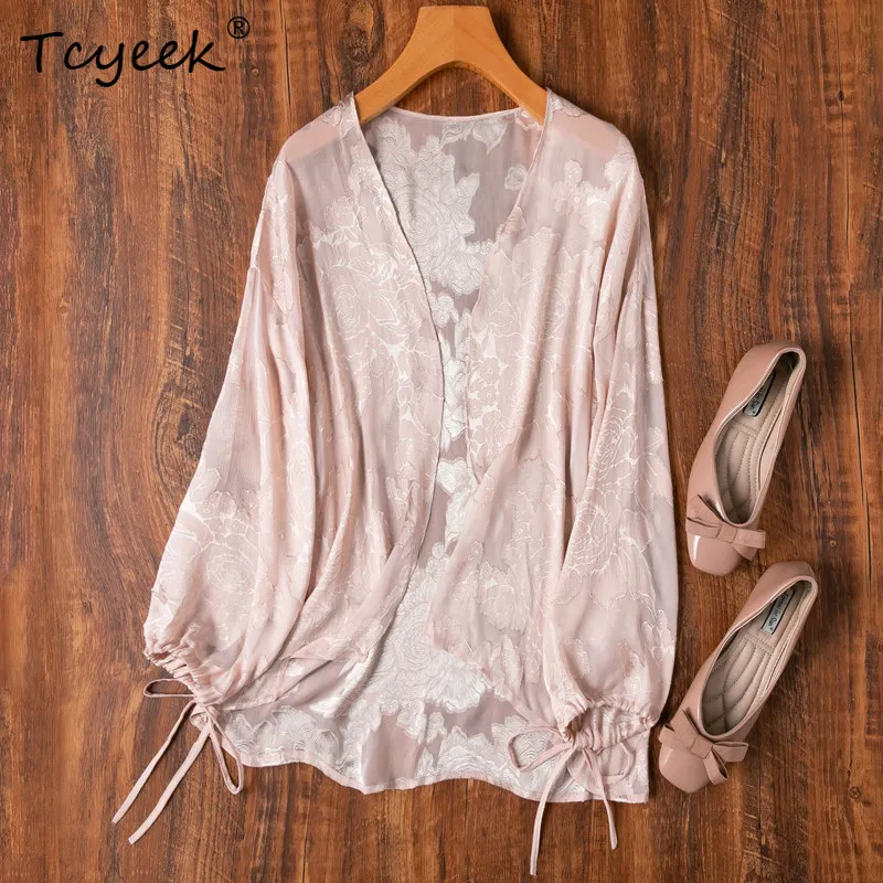 Tcyeek 100% Real Silk Tops for Women 2026 Summer Sweet Pink Lantern Sleeve Sun Protection Shawls Female Clothing Roupas Feminina