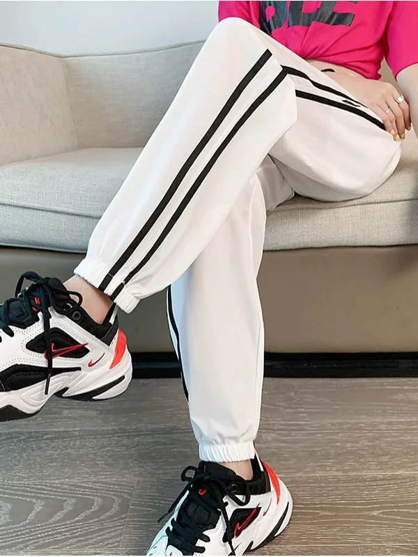 Qui Dry Ice Silk Sport Pants Women's Spring Autumn Thin Stripe Loose Cuffed Mosquito Proof Adult Cool Nine Point Casual Pants