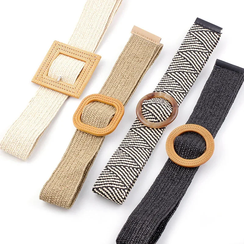 

Women Wide Braided Elastic Belt for Dress Round Bamboo Buckle Casual Fashion Girdle Wood Jade Buckle Fake Straw Waistband