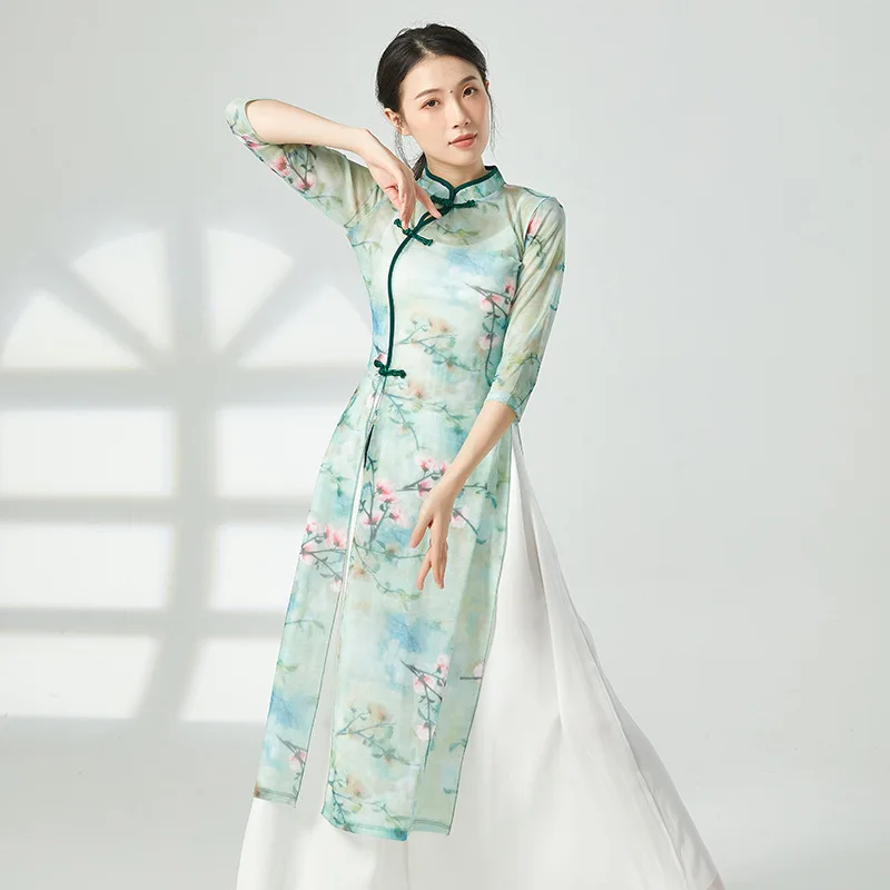 New Chinese Hanfu Traditional Woman Dress See-through Top Oriental Classic Gauze Cheongsam Stretch  Print Dancer Outfit Qipao XL