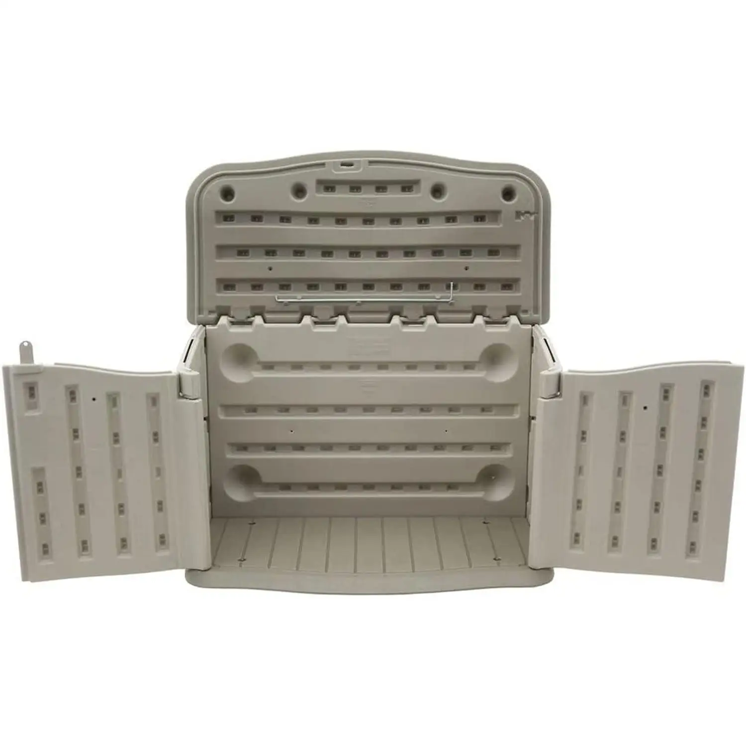 Galpão de armazenamento externo de resina horizontal pequeno com piso resistente às intempéries, bege/marrom, organização para casa/quintal/piscina