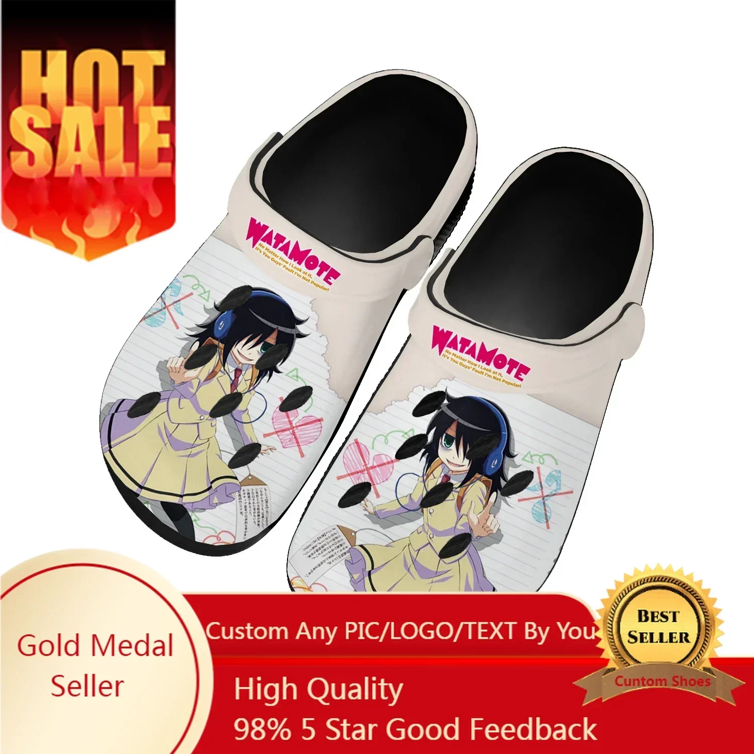 

Watamote Kuroki Tomoko Home Clogs Mens Womens Teenager Custom Made Water Shoes Comics Manga Garden Beach Hole Slippers Sandals