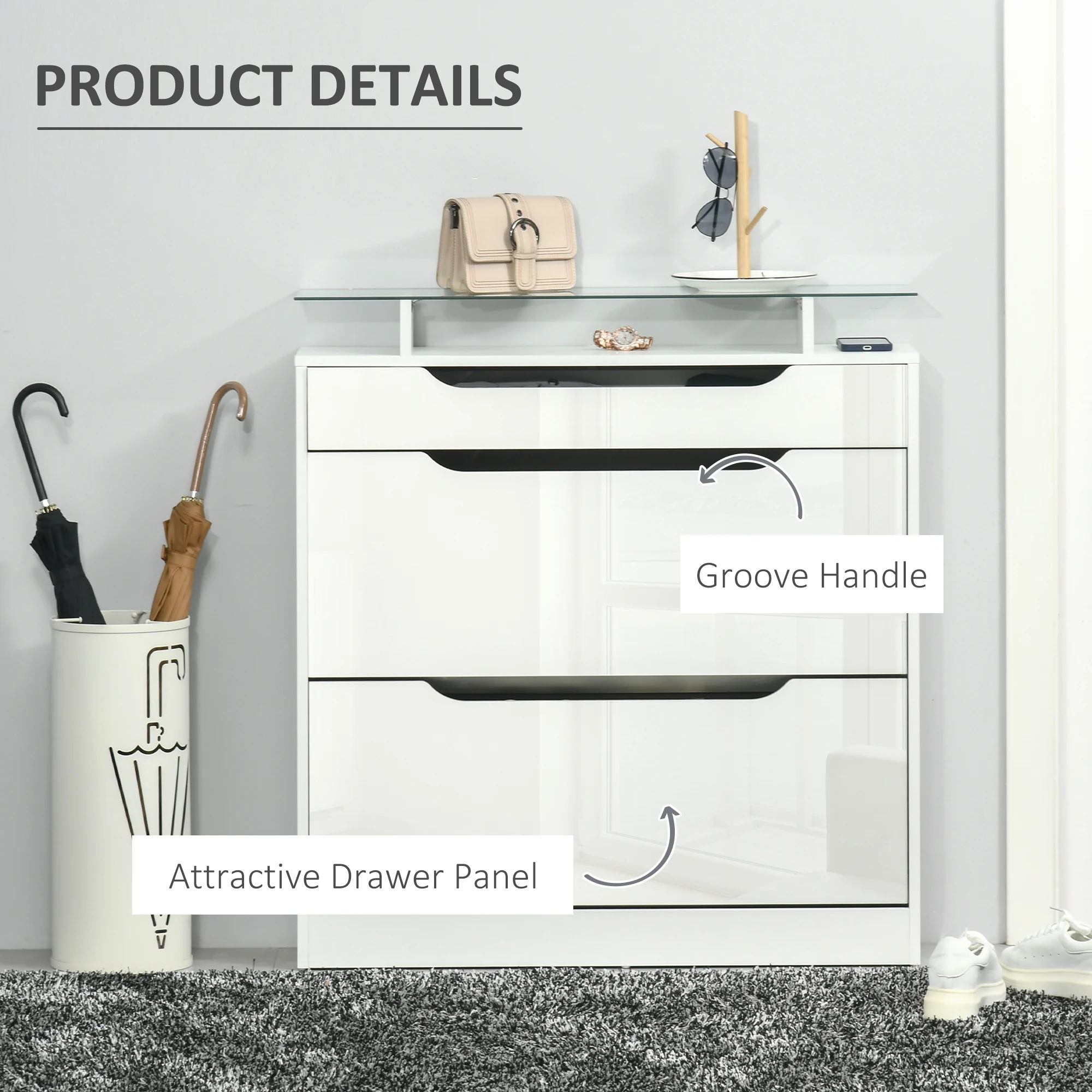 HOMCOM Shoe Cabinet w/ 3 Drawers, High Gloss Front Panels w/ Glass Top White