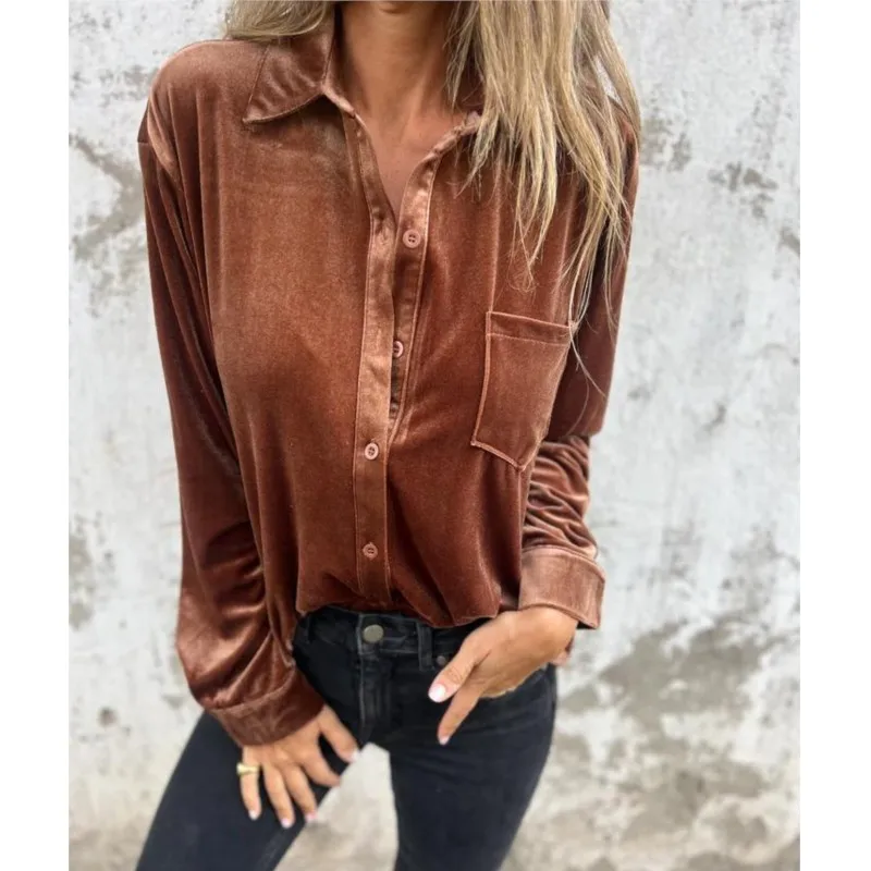 New casual gold velvet shirt 2024 solid color splicing long sleeved single breasted versatile top loose base shirt for women