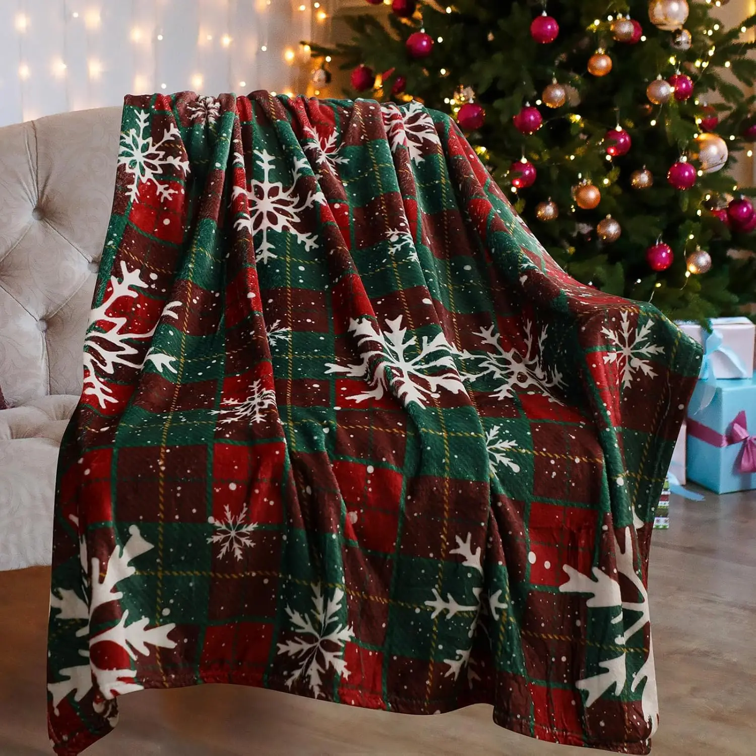 Holiday Christmas Blanket Plaid Design With Snowflakes And Reindeer Antlers Soft Plush Material Cozy Living Room Sofa Cover