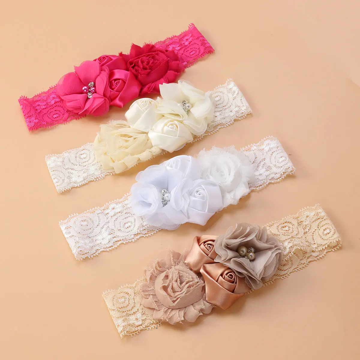 

4Pcs Baby Lace Headbands Elastic Ribbon Chiffon Flower Headbands for Newborn Baptism Christening Hair Bows Girls Accessories