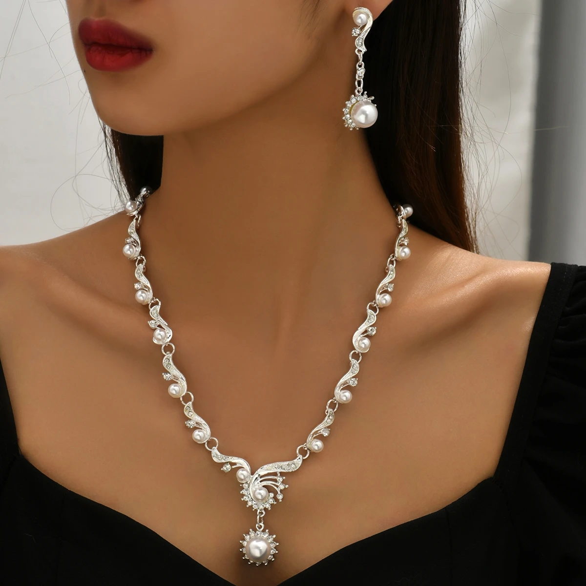 3 pcs women's jewelry set, pearl inlaid necklace earrings, bridal wedding accessories