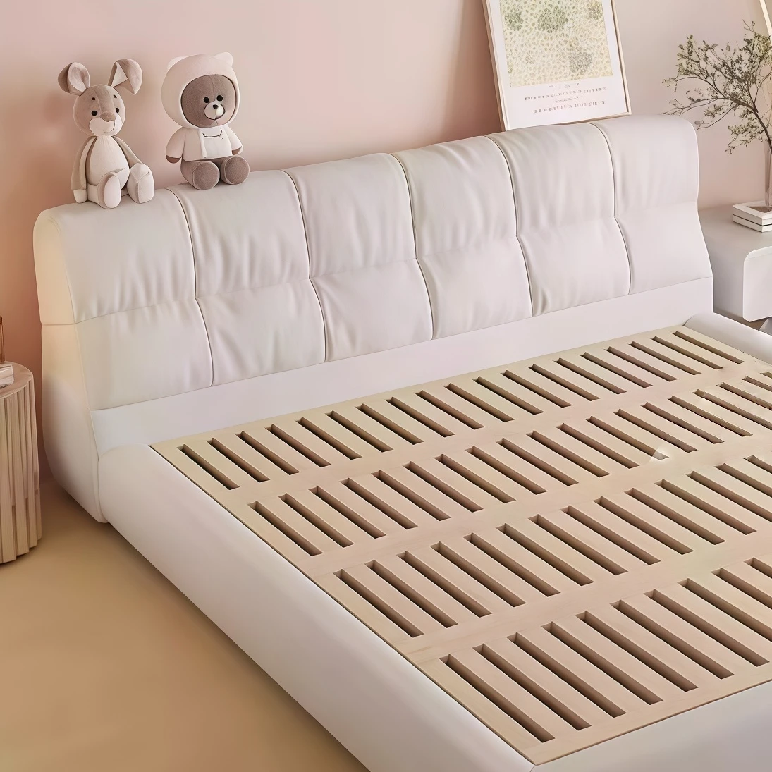 #Plaid Leather Bed Modern Minimalist Wood Frame Cloud Soft Bag Double Floor Bed Solid Wood Master Bedroom Bed - view 5