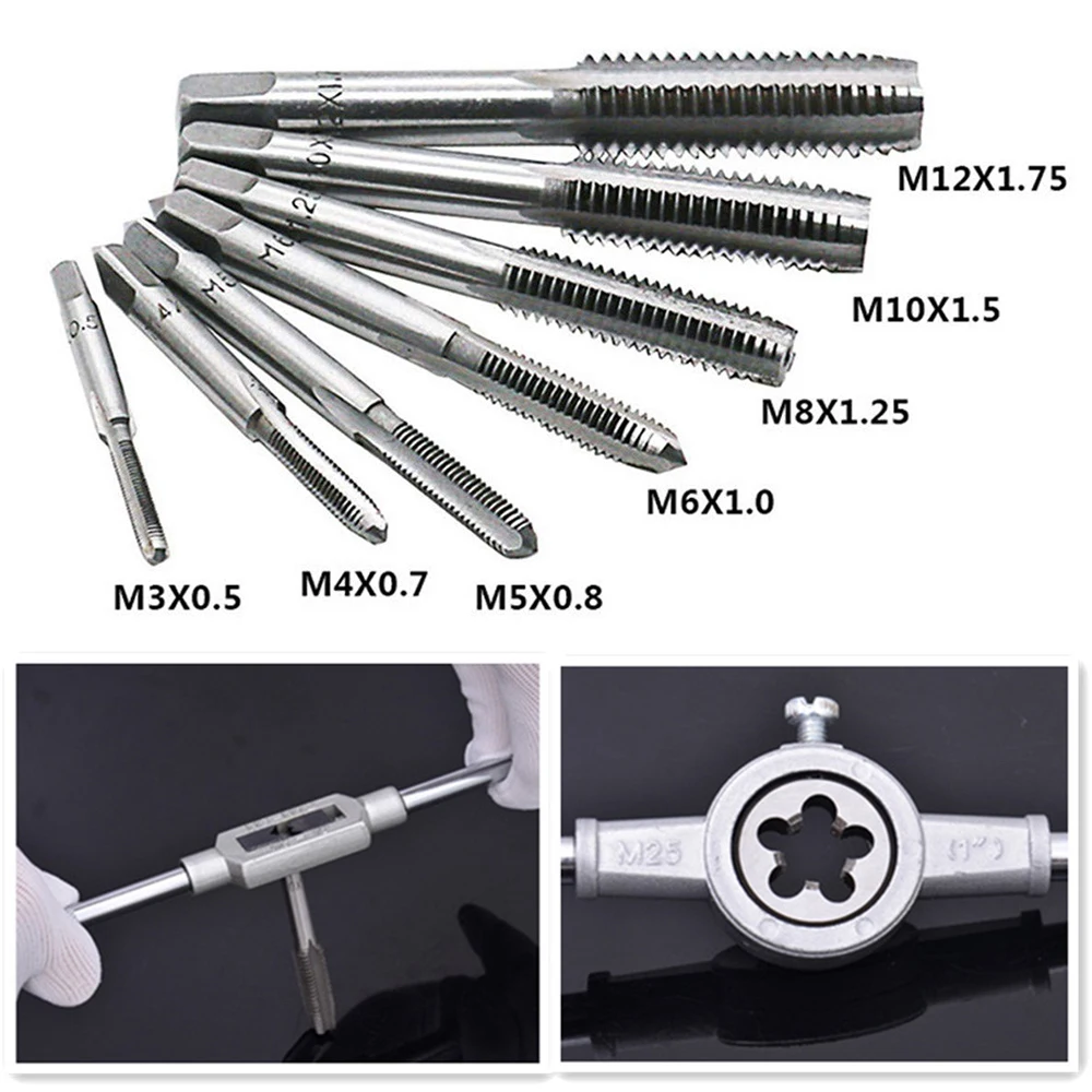 

Adjustable T-Handle Ratchet Metric Tap and Die Set M3-M12 Male Thread Screw Threading Kit Alloy Steel Female Mechanical Tools