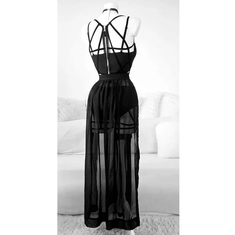 Erotic Lingerie 3 Piece Set Woman Gothic Outer Beach Wrap Skirt Chiffon Sarong Cover-Up Swimwear Outfit