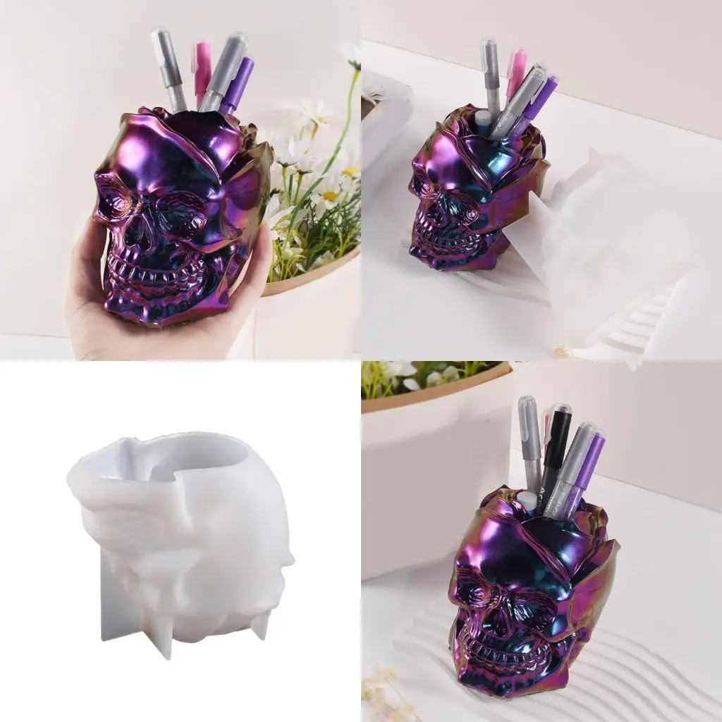 

J78F Non-stick Rose Skull Pen Holder Mold Flower Pot Epoxy Resin Silicone Mold DIY Crafts Ornament Tool for DIY Decoration