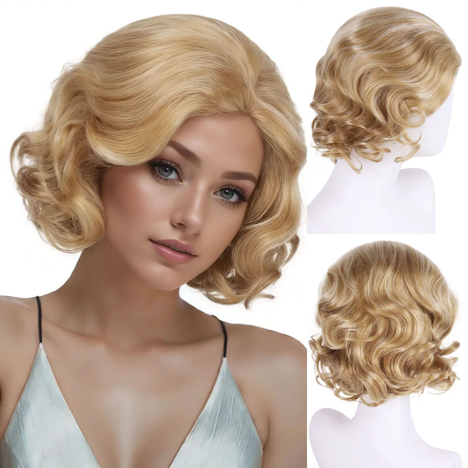 

Synthetic Blonde Hair Replacement Wig for White Women Short Curly Wigs with Bangs Daily Wear Cosplay Party Female Heat Resistant