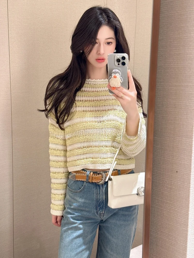 

ort Knitted Sweater round Ne Hollow out Striped Women's Top Versatile Korean Sle Autumn New Arrival Anti-Aging