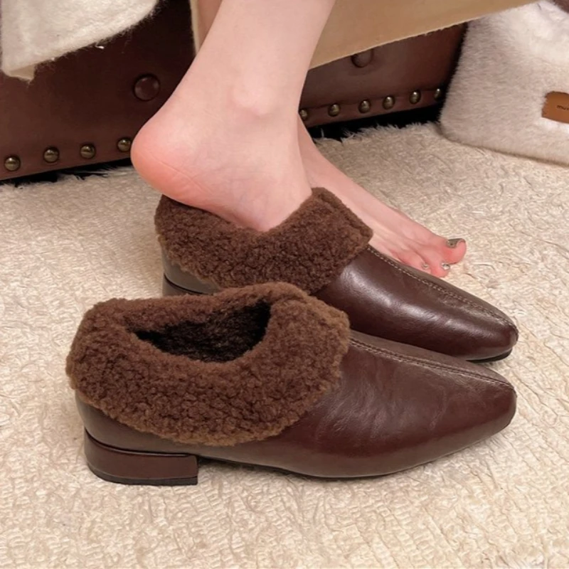 

Fur Women Cotton Shoes Heeled Fashion Elegant Warm Loafers Shoes for Woman 2025 Short Plush Snow Boots Comfort New Mujer Zapatos