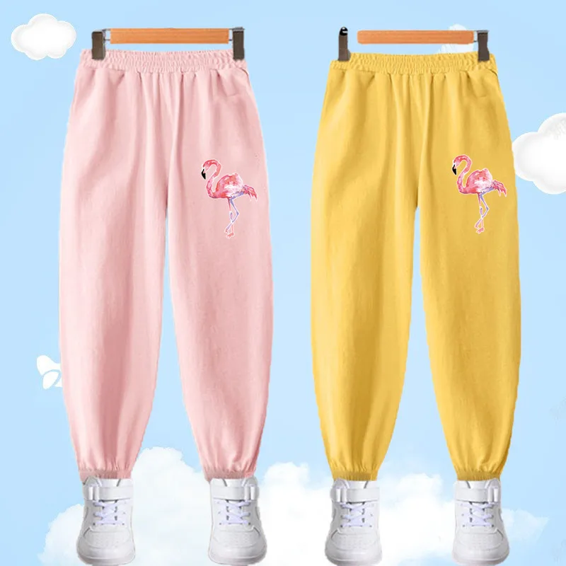 Summer Children Pants 100% Cotton Thin Breathable Prevent Mosquito Pants Kids Flamingo Print Trousers Girls Long Loose Bottoms