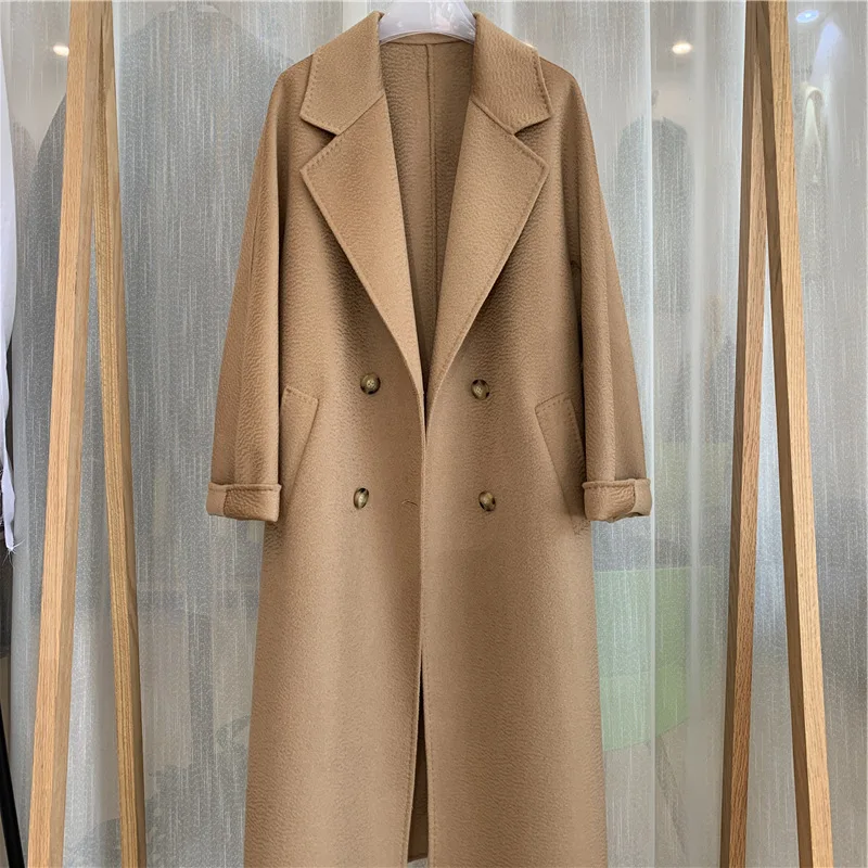 Women's Cashmere Mid Length Coat Female Wool Coat Camel Black Lace-Up Casual Jacket Classic Double Breasted Coat Autumn Winter