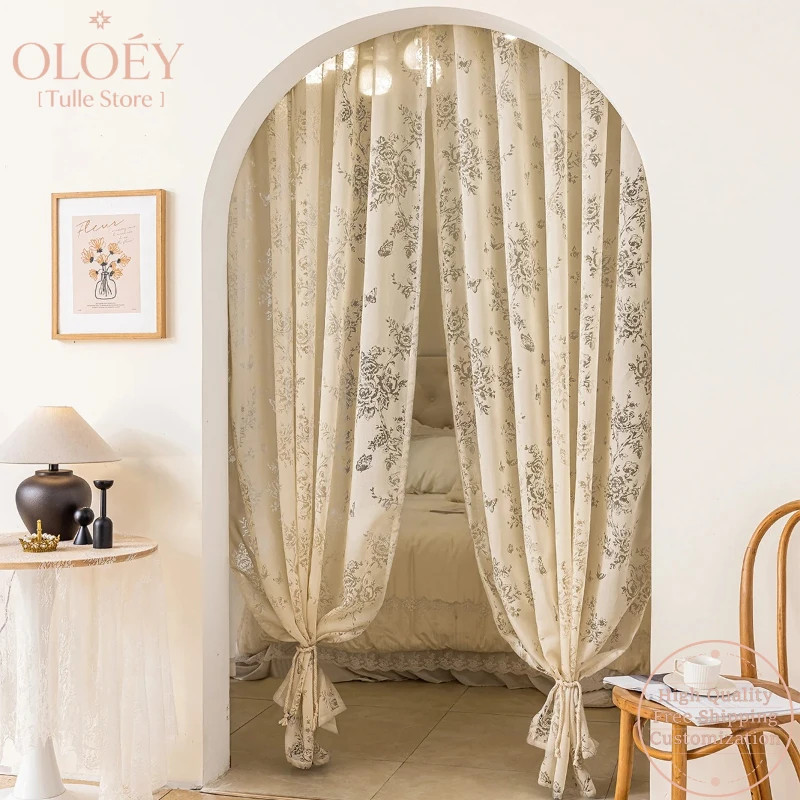 

French Lace Rose Butterfly Print Gauze Short Curtains Retro Antique Style for Coffee Shop Kitchen Semi Sheer Window Drapes Veil