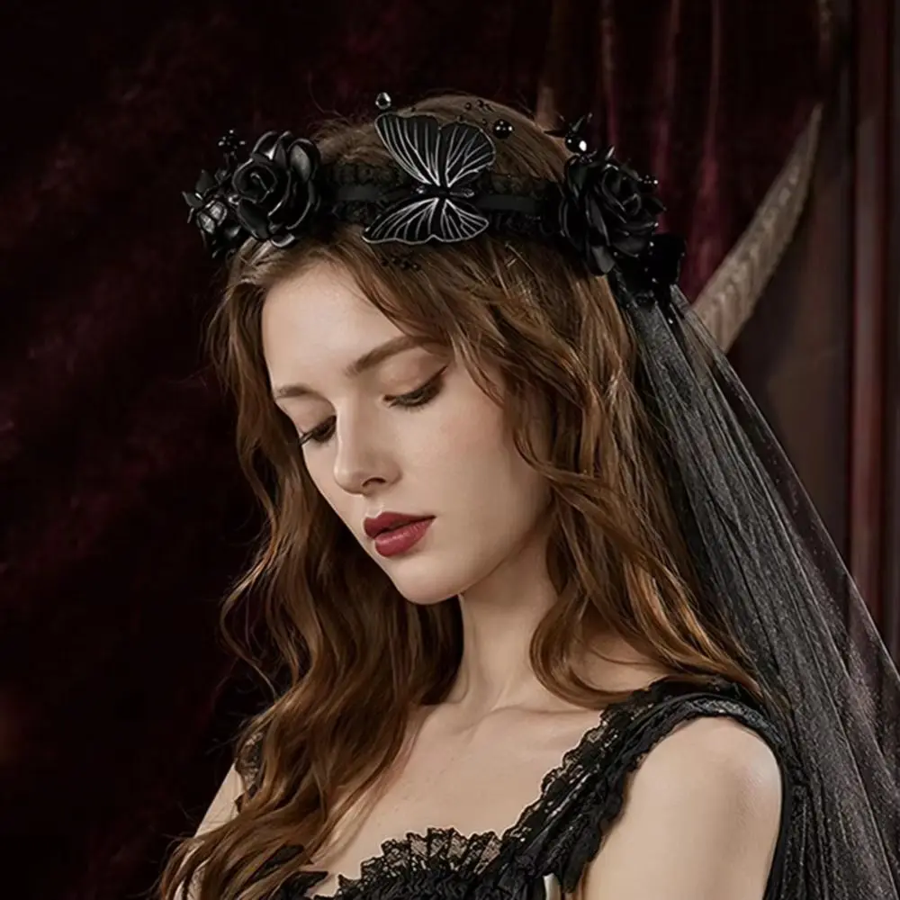 Dark Bride Dark Rose Veil Headband Black Butterfly Long Tulle Bridal Veil Beaded Mesh Black Rose Bride Hairband Party