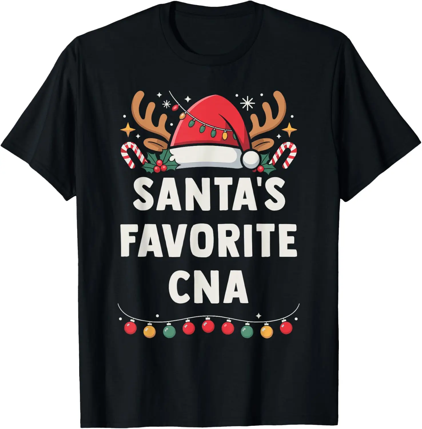 Santa's Favorite CNA Funny Holiday Christmas Pajamas T-Shirt Breathable, heavyweight pure cotton short-sleeve top—stylish, plus-size, and suitable for year-round wear with a sporty, casual vibe