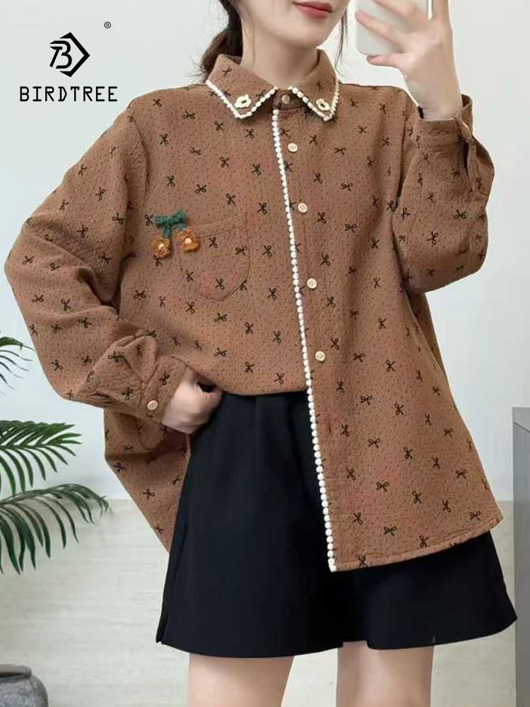 

New 2025 Winter Cotton Long Sleeve Shirt, Women Turn-down Collar Bow Print, Mori Girl Commute Embroidery Loose Blouse T5N620CC