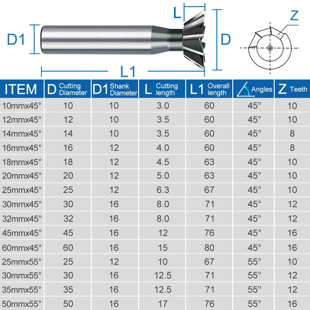 45/55/60 Degrees HSS Dovetail Milling Cutter 10-60mm Diameter  Dovetail End Mill High Speed Steel for Copper Aluminum Cast Iron