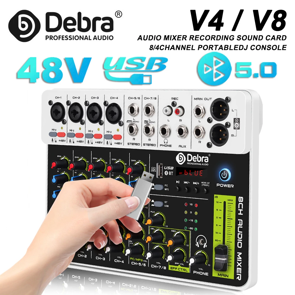 

Микшер аудиоинтерфейса Debra V4/V8 Bluetooth 5,0, фантомное питание для компьютерной студии, сценический диапазон с эффектами задержки и воспроизведения