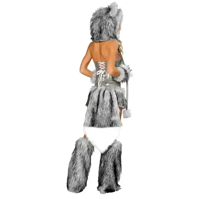 Set di costumi sexy in peluche da donna, coda grande, lupo, leopardo, cosplay, cappello invernale, tubo superiore, scaldamuscoli, abito da festa per Halloween, Natale