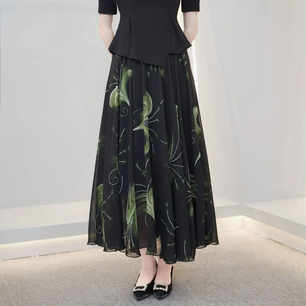 

Женская шифоновая юбка с цветочным принтом, длинная юбка с поясом на резинке и высокой талией в стиле ретро, лето 2024