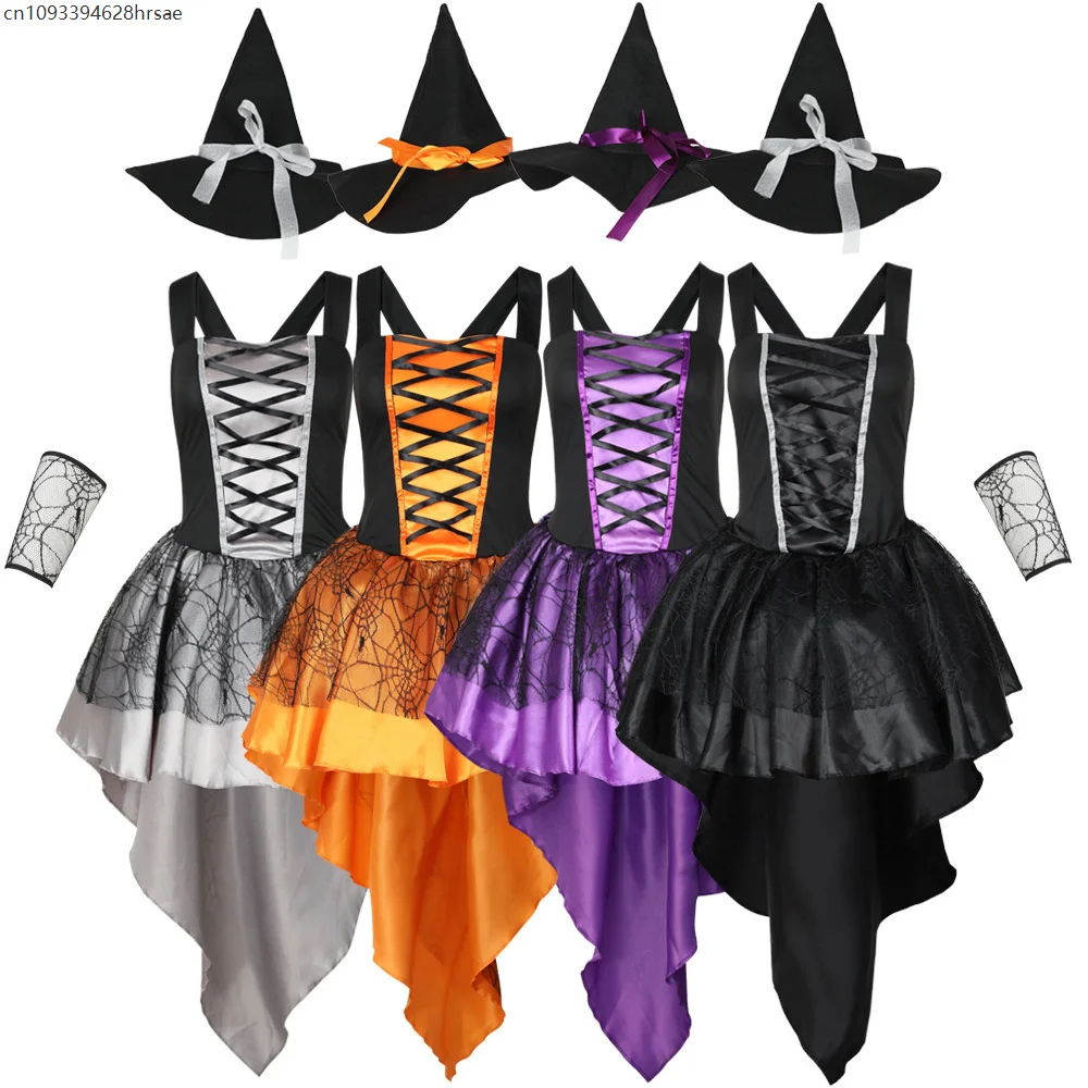 Sexy Mesh Women Witch Cosplay Purple Outfits Halloween Festival Suspender Dress Party Performance Multiple Colors Costumes