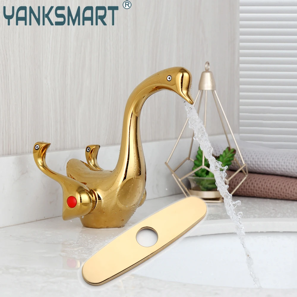 yanksmart ouro polido cisne torneira do banheiro bacia sink deck montado alcas banheira lavatorio torneira misturadora de agua 01