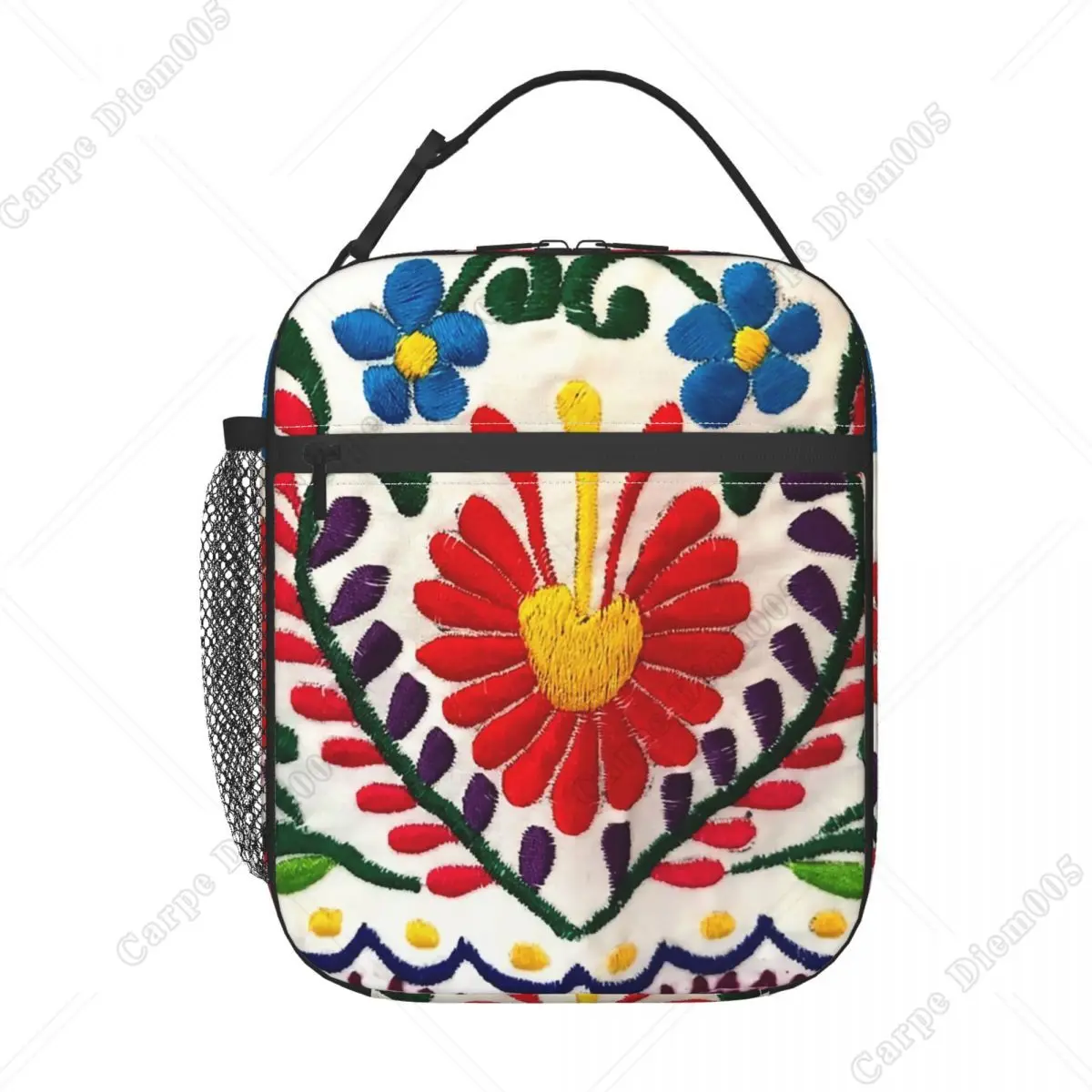 Mexican Flowers 3D Print Embroidery Pattern Portable Lunch Boxes Waterproof Thermal Cooler Food Insulated Lunch Bag Office Work