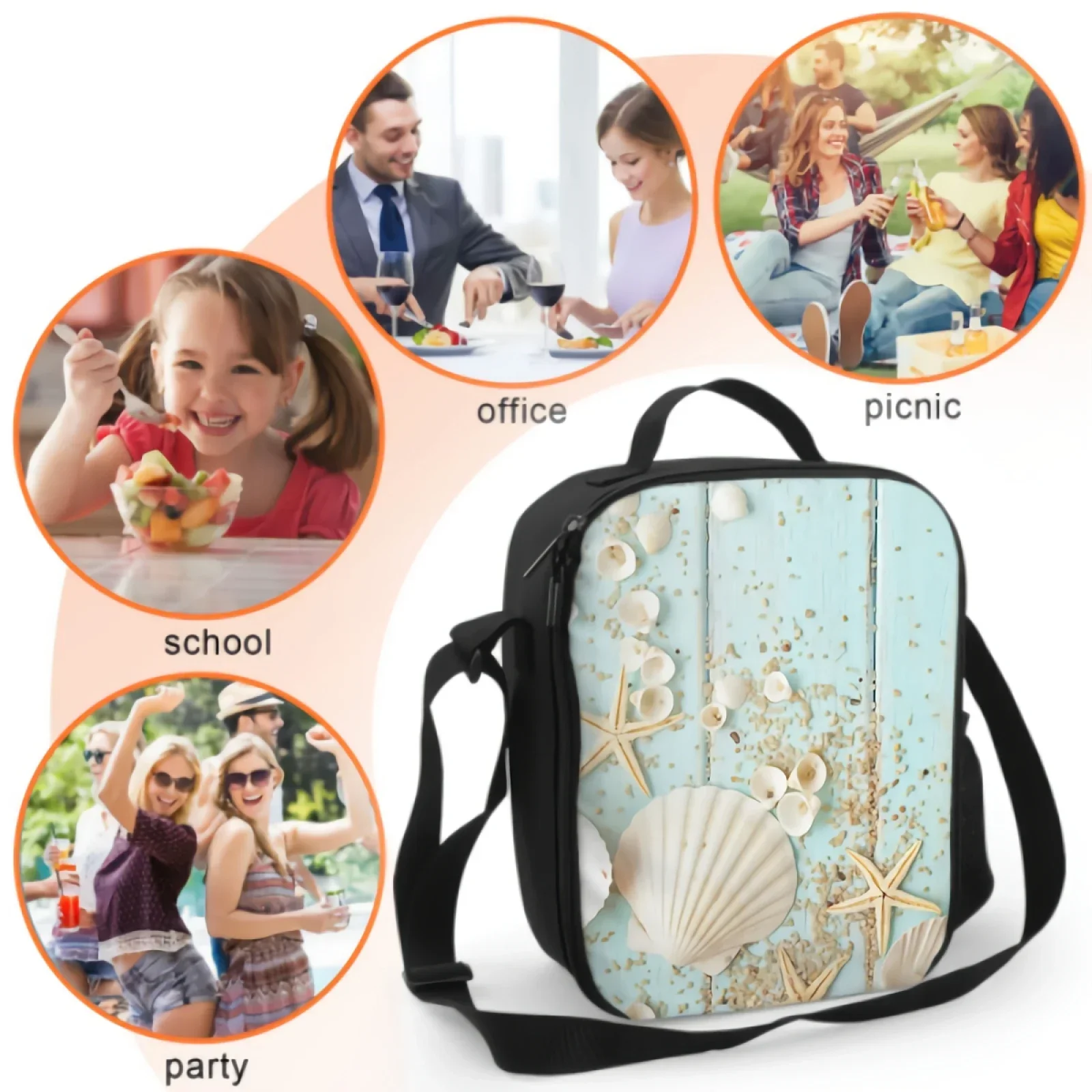 Bolsa de almuerzo aislada con diseño de estrella de mar, contenedor enfriador con diseño de concha de mar sobre tablero azul, ideal para el trabajo escolar, Picnic, Océano, tema náutico