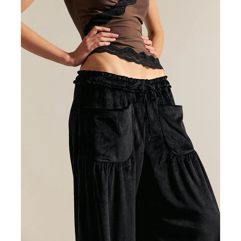 سروال نسائي طويل برباط مرن من Combhasaki بخصر منخفض مع جيوب Y2k سروال مخملي عتيق #5