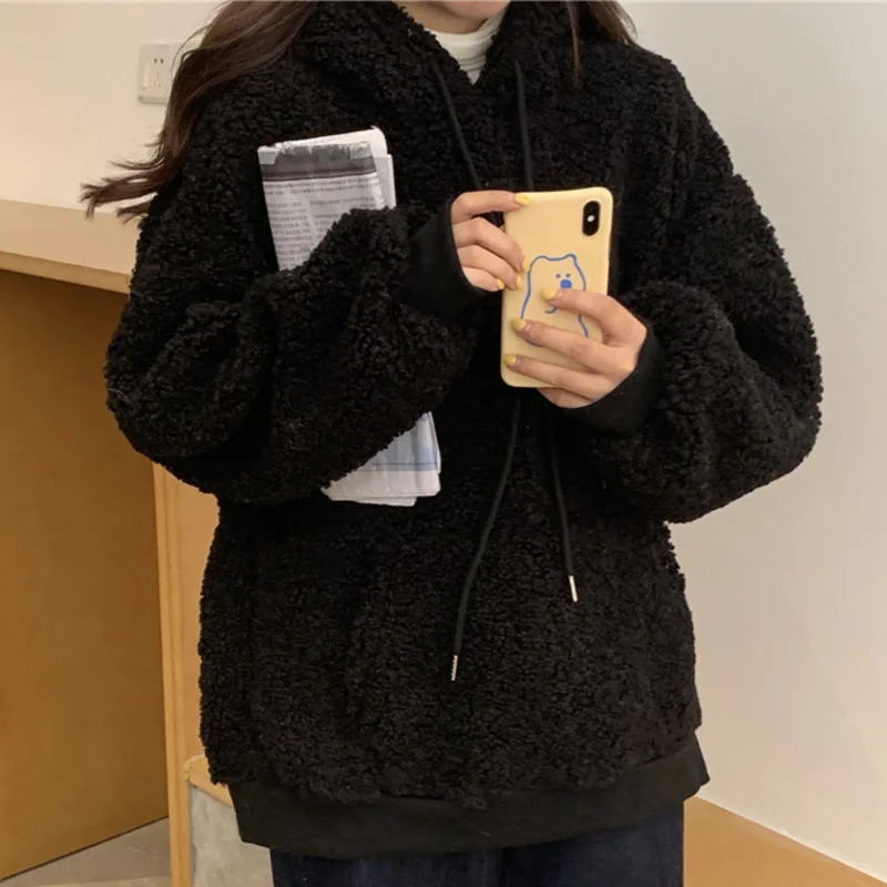 Autunno inverno donna falso Pullover in lana d'agnello caldo addensare felpe con cappuccio orecchie d'orso Kawaii felpa con cappuccio sciolto Casual in pile Outwear