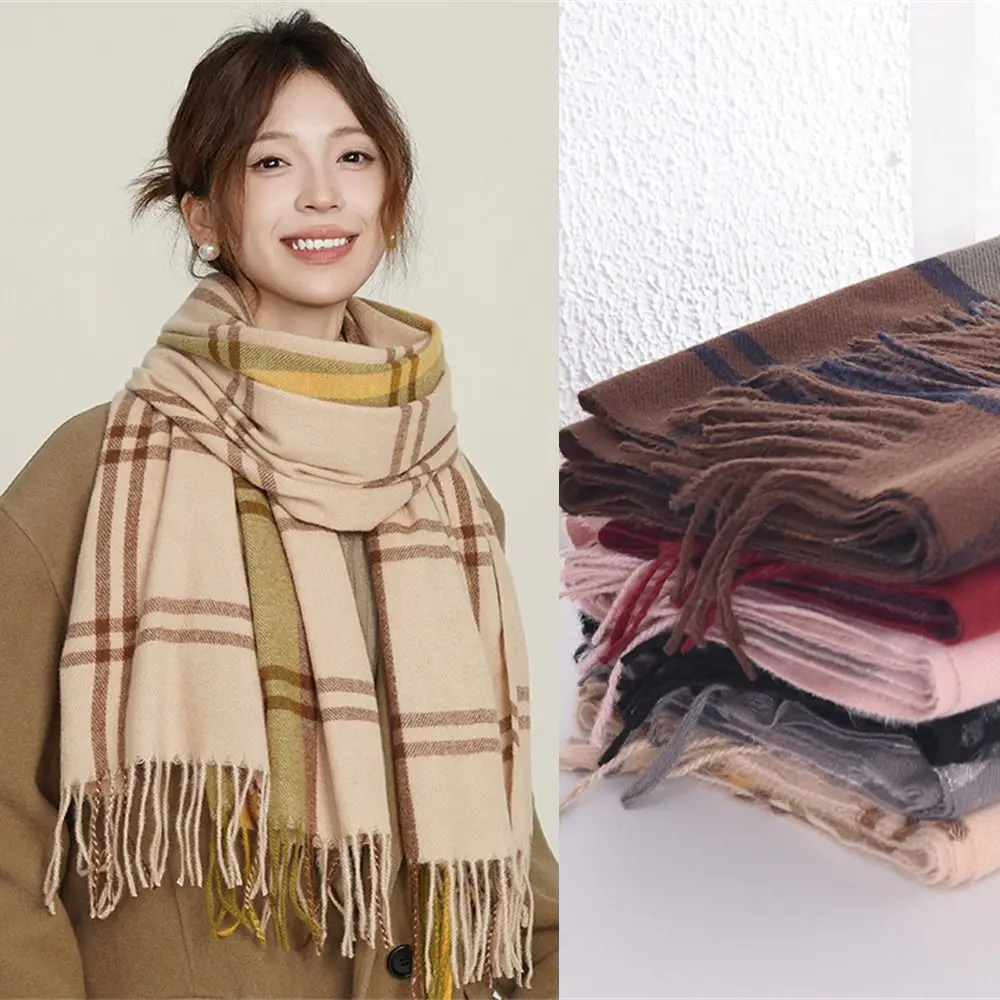 Fashion Winter Warm Tassel Plaid Scarfs Solid Cashmere Imitation Scarves Nordic Style Shawl Wrap for Women Girls