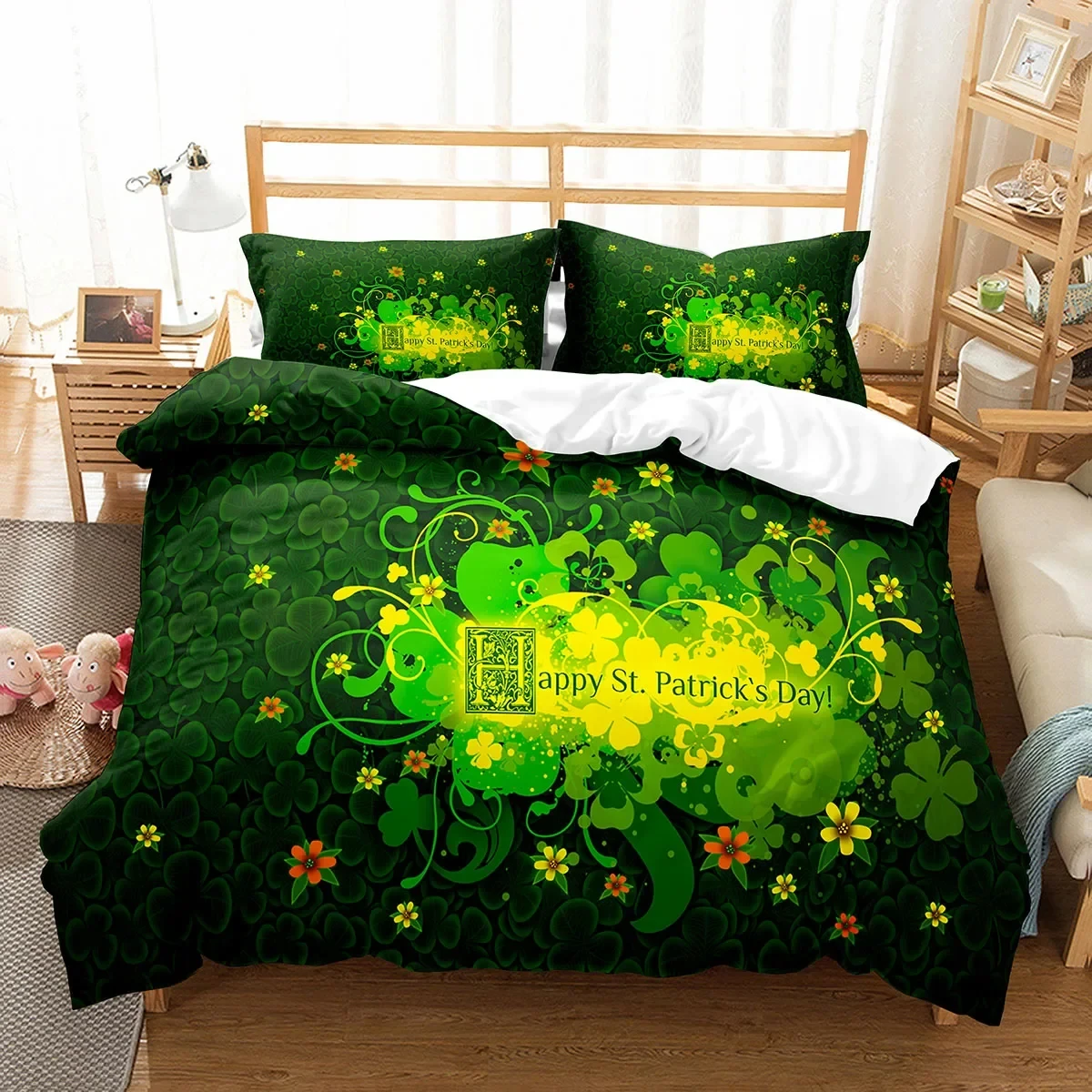 

Happy St Patrick's Day Duvet Cover Set Plant Clover Bedding Set Green Lucky Leaf Quilt Cover Botanical Leaves Bedspread Cover