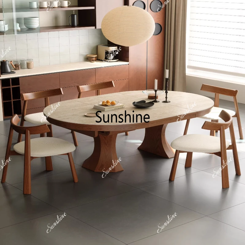 

Dining table variable round household travertine rock slab living room small apartment, oval telescopic