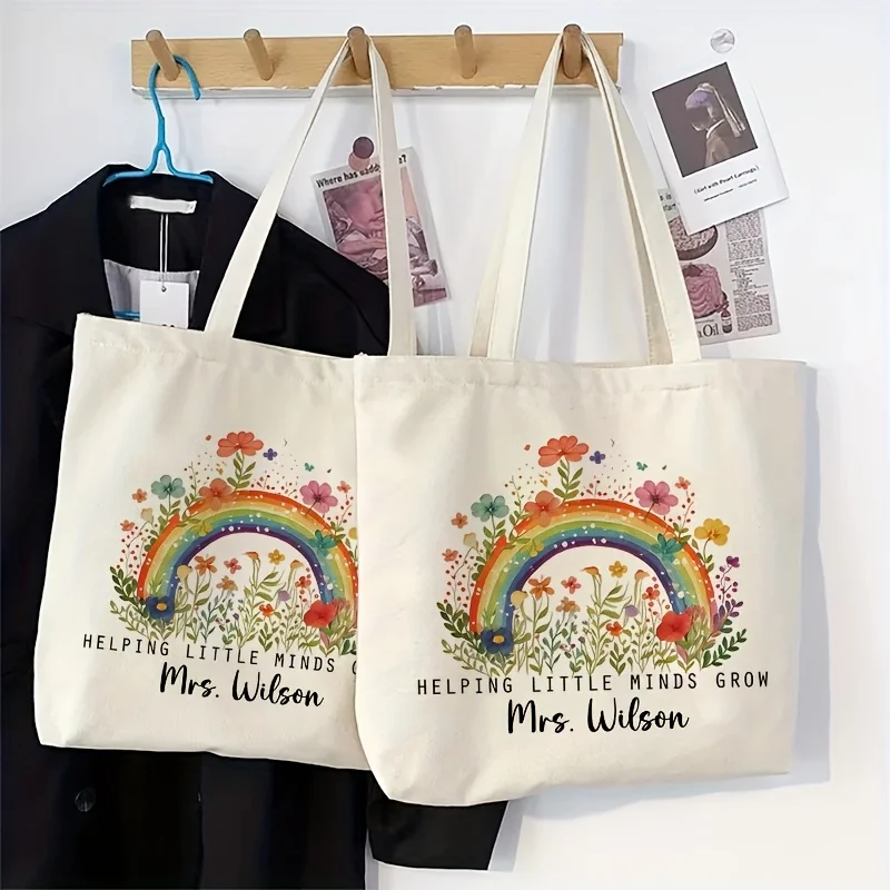 Personalized Teacher Rainbow Floral Canvas Tote Bag, Custom Name, Helping Little Minds Grow, Washable Daily Shoulder Bag