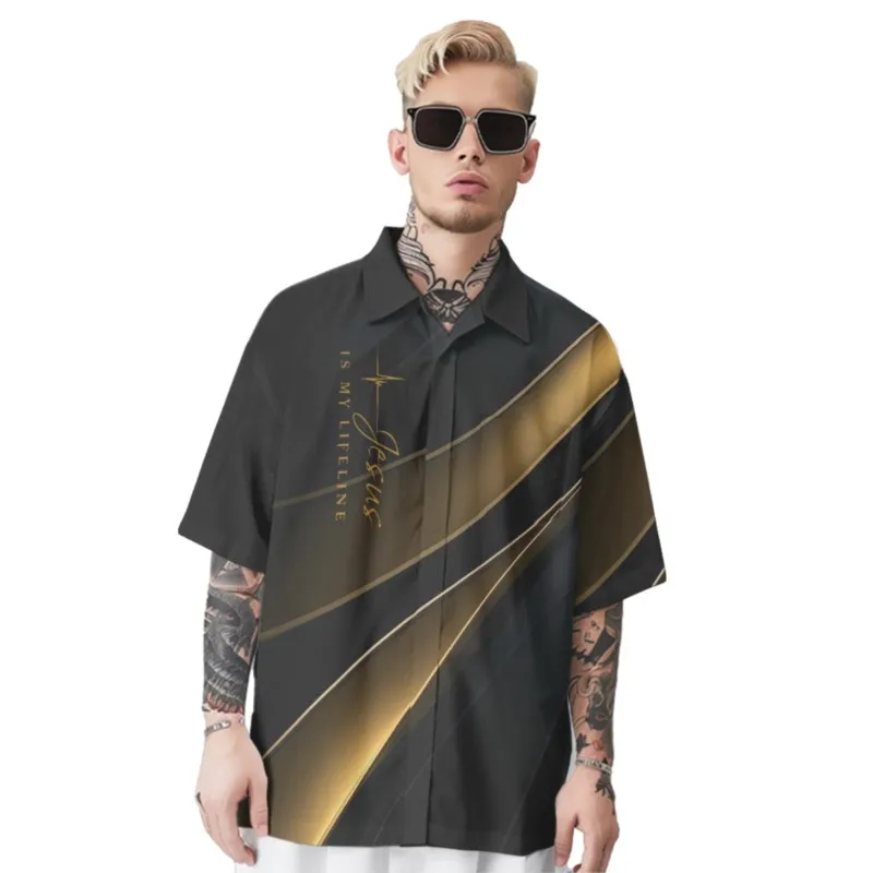 

Golden Stripes Printed Shirt Men's Hawaiian Chest Pocket Shirt Casual Short Sleeve Daily Smart Business Shirt